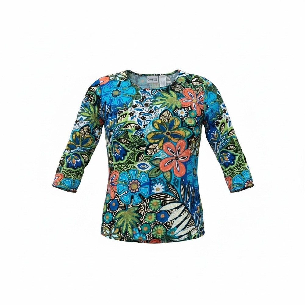 Chicos Floral 3/4 Sleeve Cotton Top Blue Green Orange Metallic Size 0 XS S